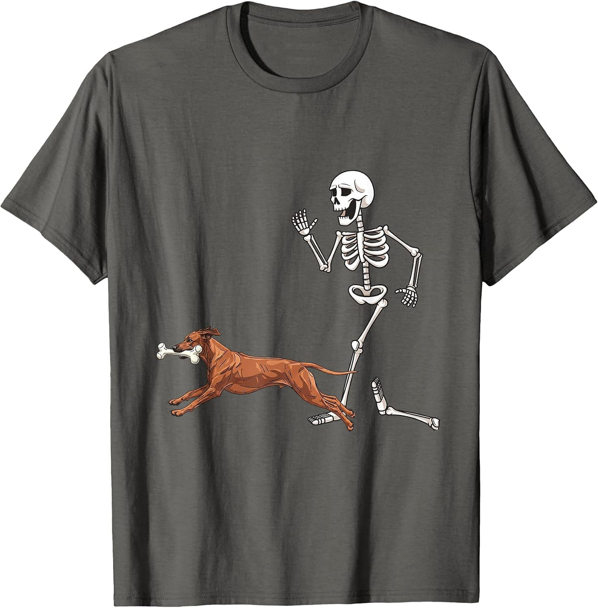 Funny Halloween Rhodesian Ridgeback and Skeleton T-Shirt - Asphalt Grey
