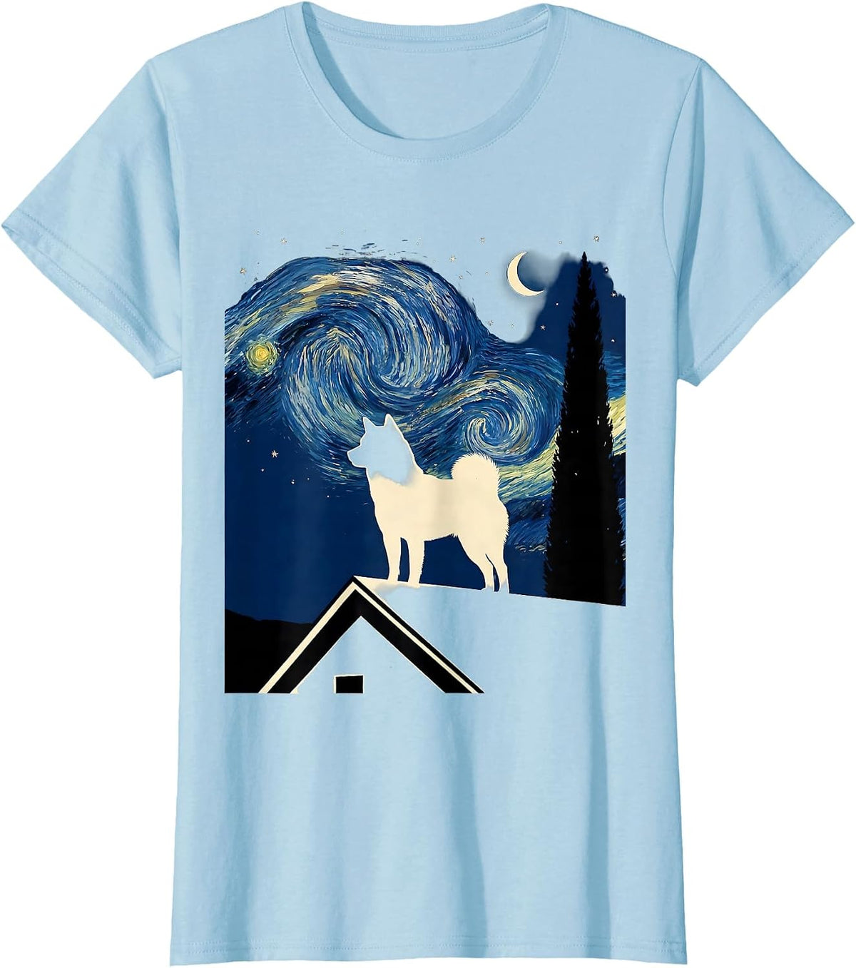 Shiba Inu Silhouette Van Gogh Starry Night Dog Lover Novelty T-Shirt - Baby Blue