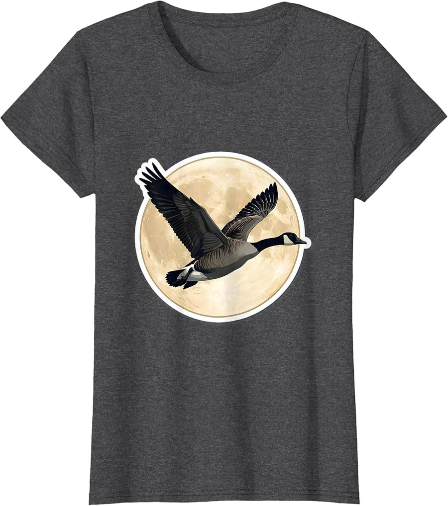 Women's Goose in Flight Full Moon Night Sky Design T-Shirt - Dark Heather Grey