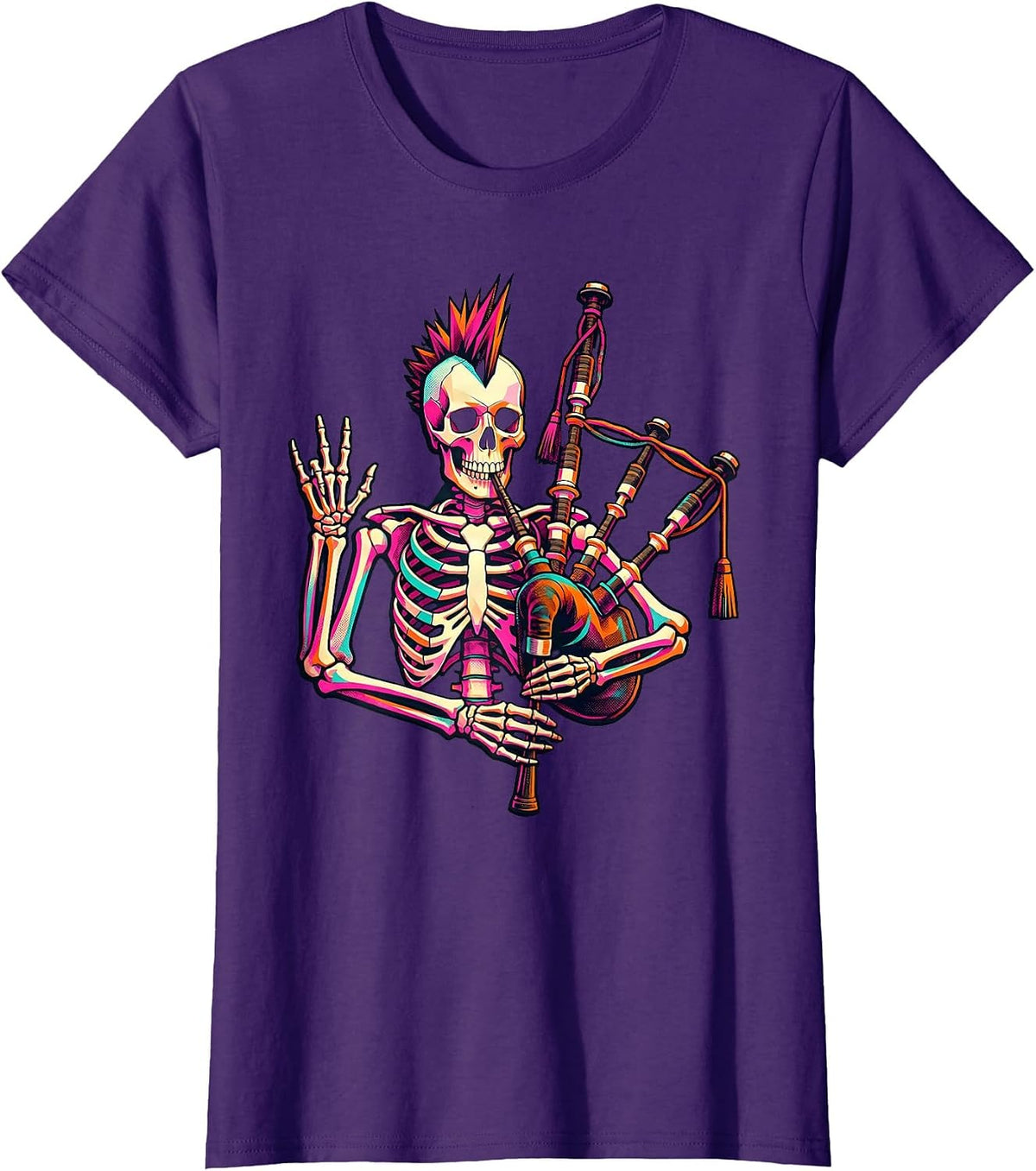 Women's Punk Skeleton Bagpipes Risograph Rock Music Fan T-Shirt - Purple