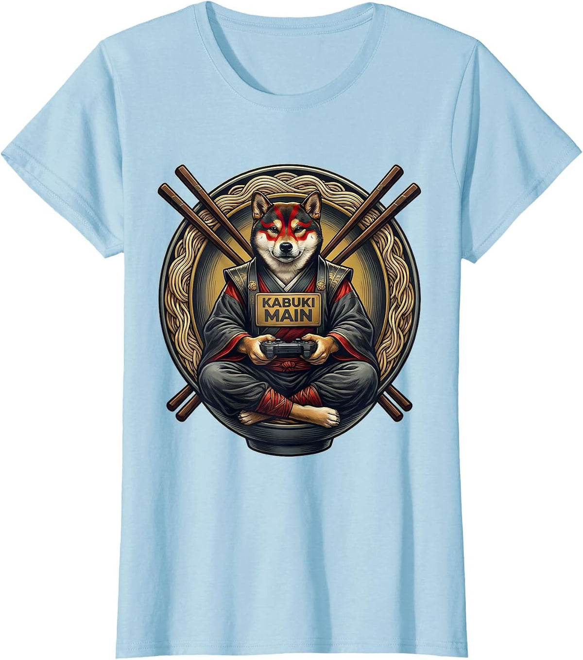 kabuki main Funny Anime Cat Gamer Ramen Bowl Emblem T-Shirt - Baby Blue