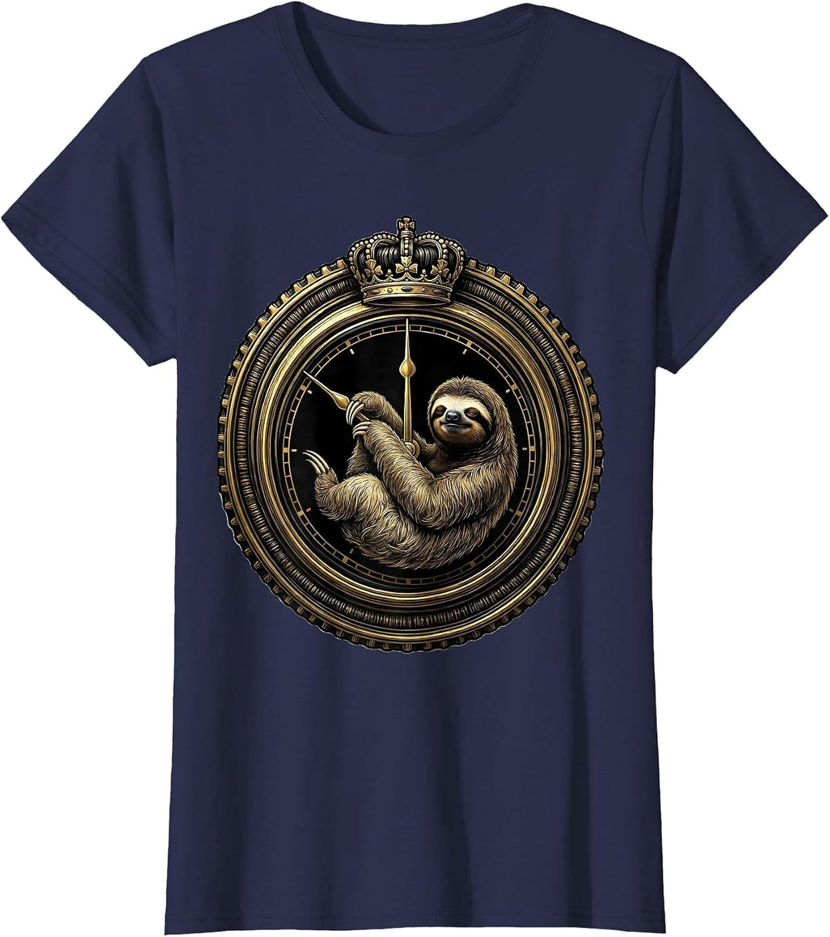 Women's Lazy Sloth Hanging From Midnight Clock Hands T-Shirt - Navy Blue
