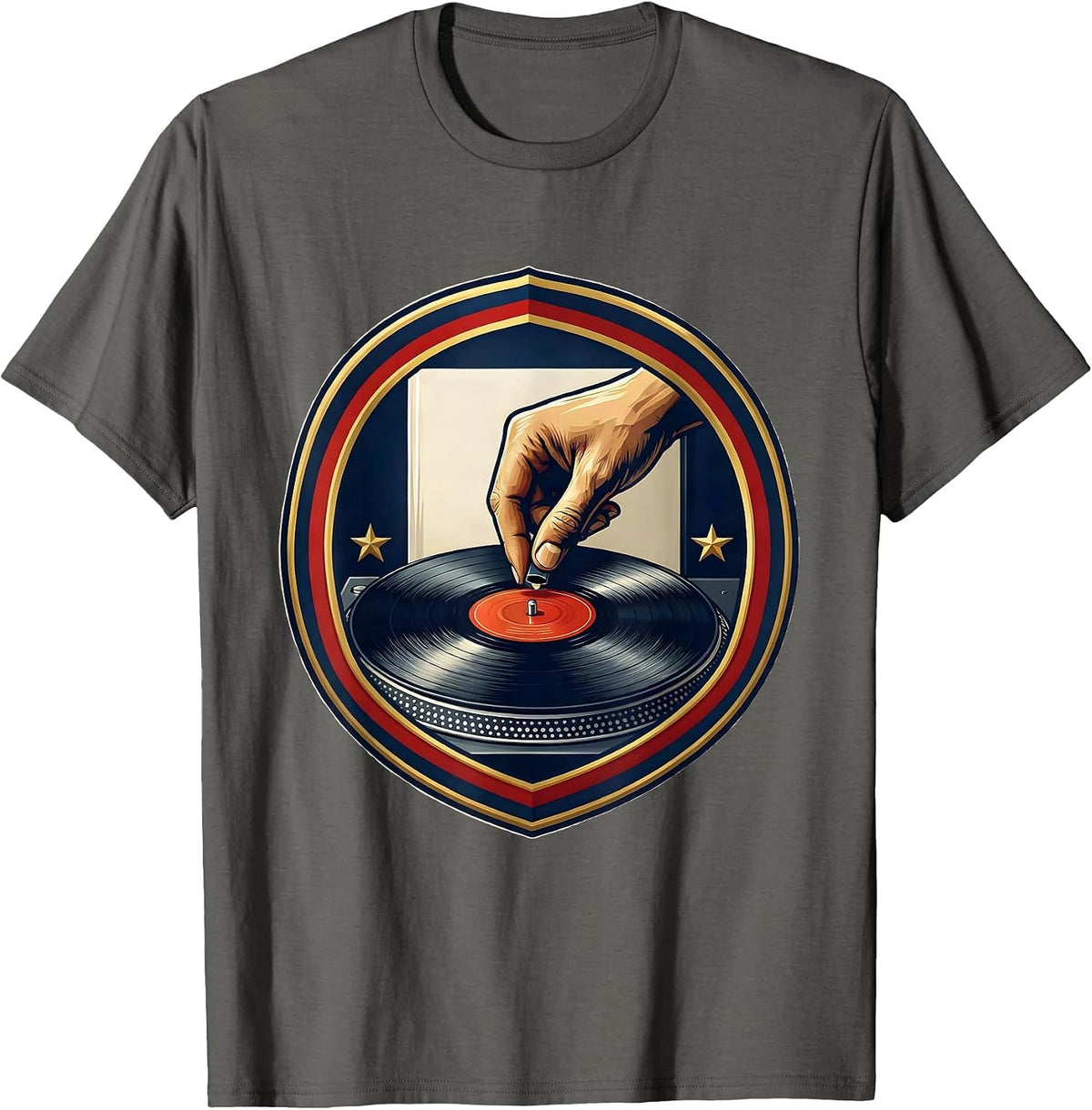 Record Turntable Shield Badge Vinyl Collector Retro Music T-Shirt - Asphalt Grey