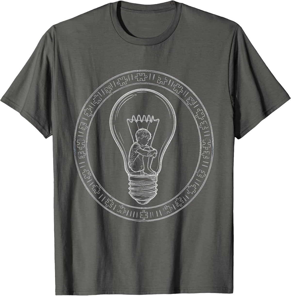 Autism Awareness Child Silhouette Lightbulb Design T-Shirt - Asphalt Grey