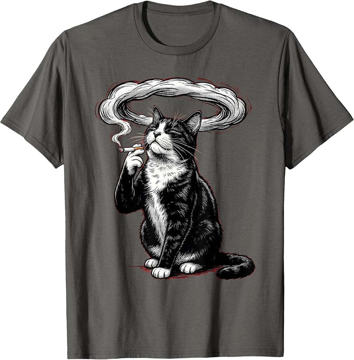 Men's Tuxedo Cat Smoking Dramatic Smoke Ring Art T-Shirt - Asphalt Grey