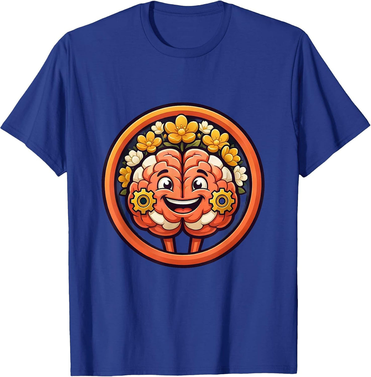 Men's School Counselor Brain Gears and Flowers Graphic T-Shirt - Royal Blue