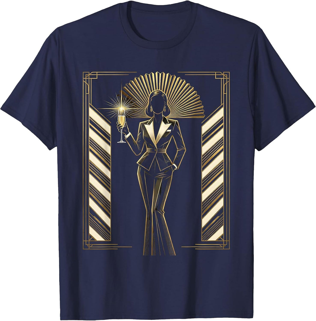 Elegant Tuxedo Champagne Glass Illustration T-Shirt - Navy Blue