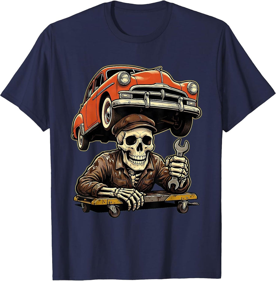 Skeleton Mechanic Vintage Car Illustration T-Shirt - Navy Blue