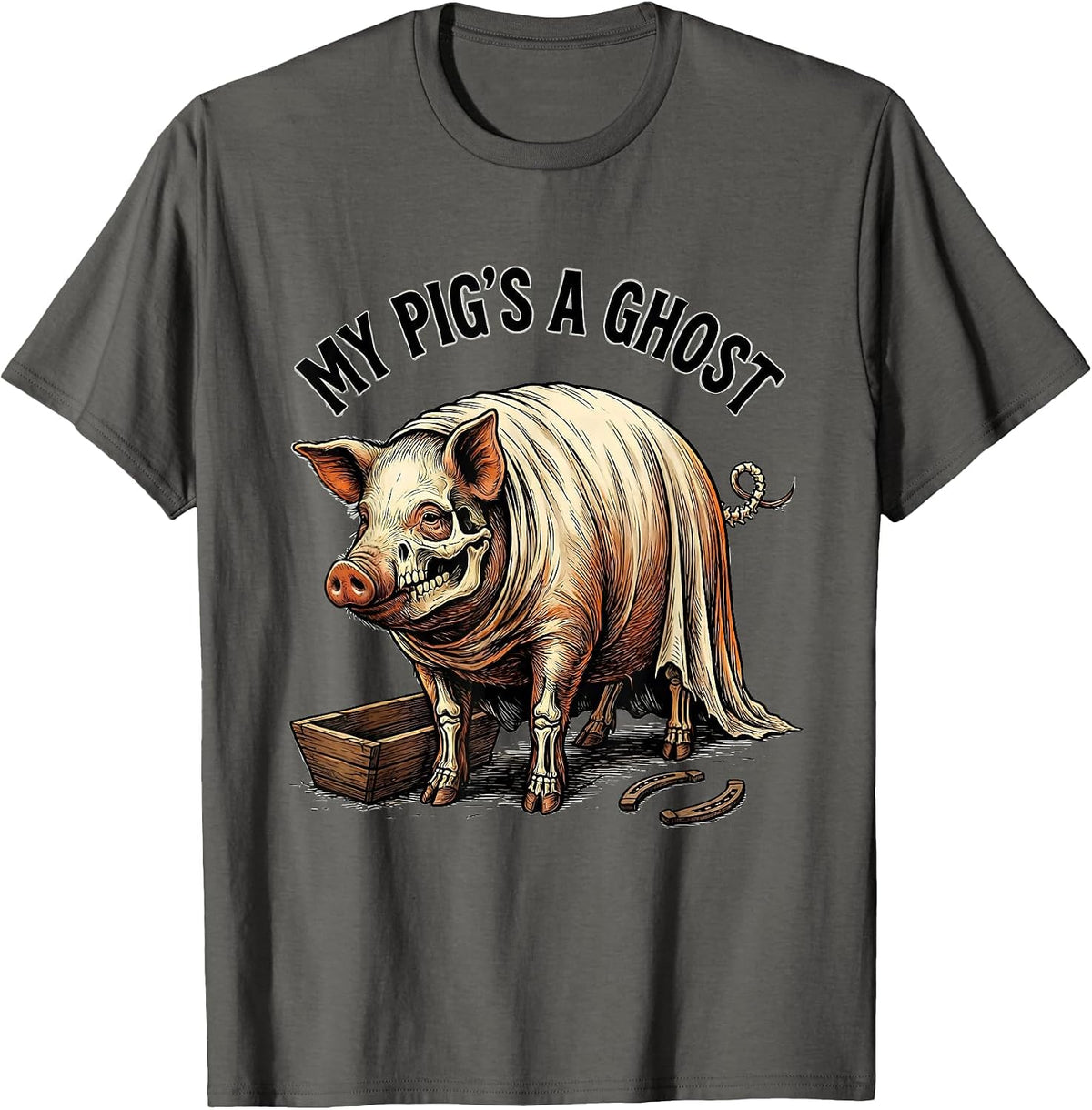 Men's My Pig's a Ghost Western Cowboy Skeleton Halloween Humor T-Shirt - Asphalt Grey