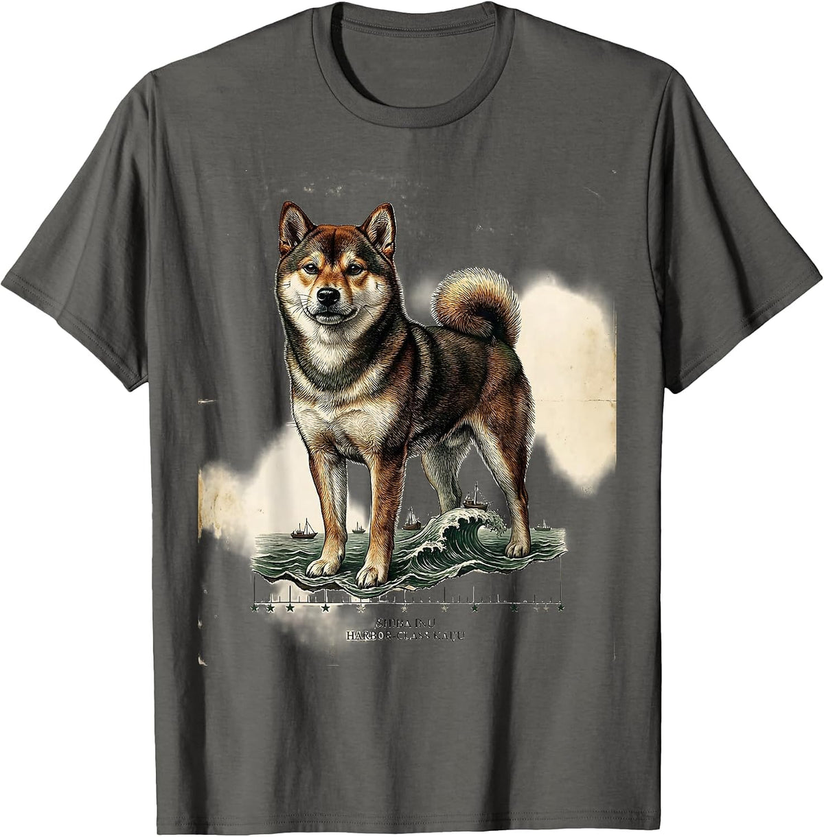 Shiba Inu Harbor-Class Kaiju Vintage Japanese Monster Parody T-Shirt - Asphalt Grey
