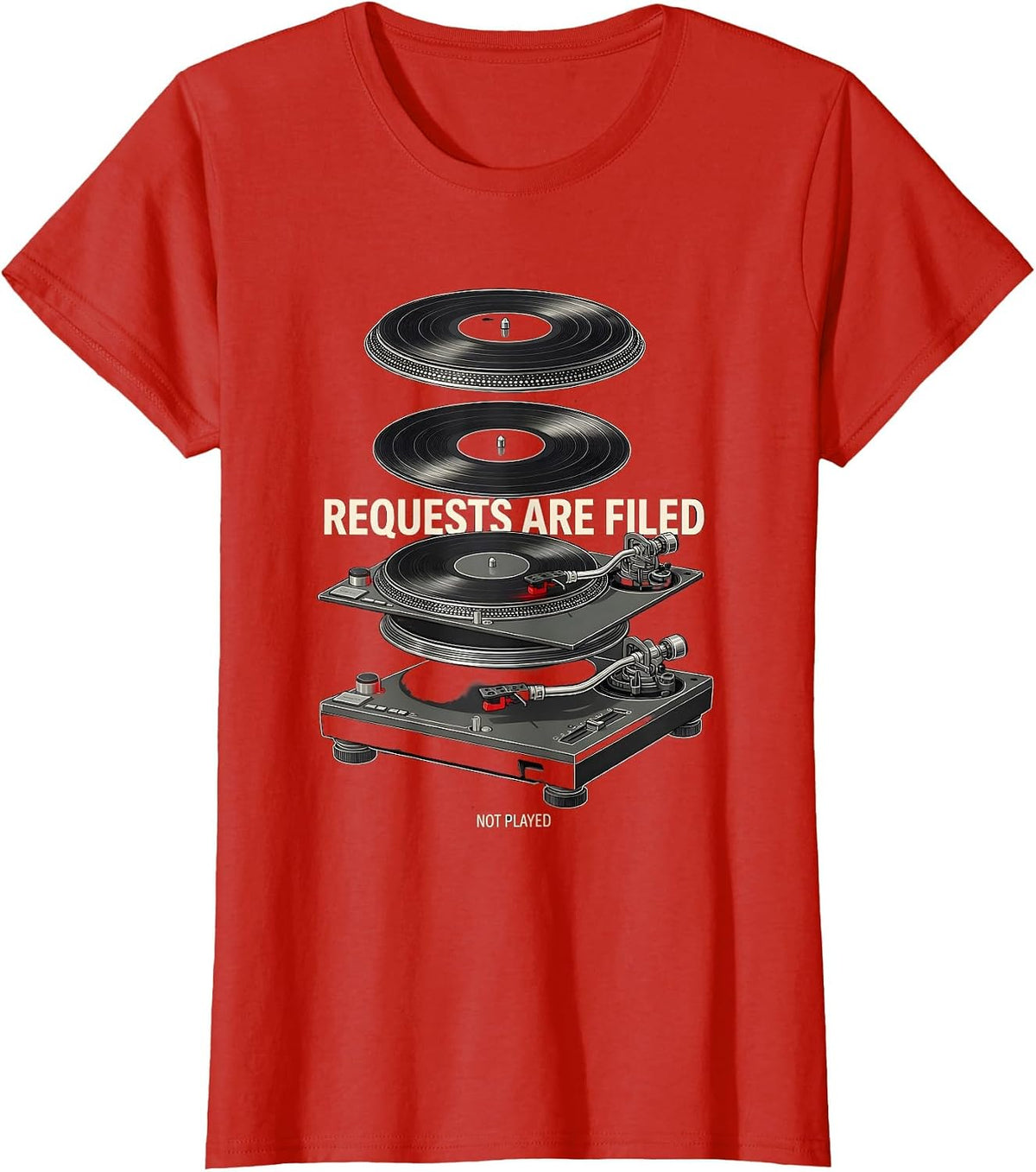 Women's Requests Are Filed, Not Played Retro Vinyl Record DJ Gift T-Shirt - Red