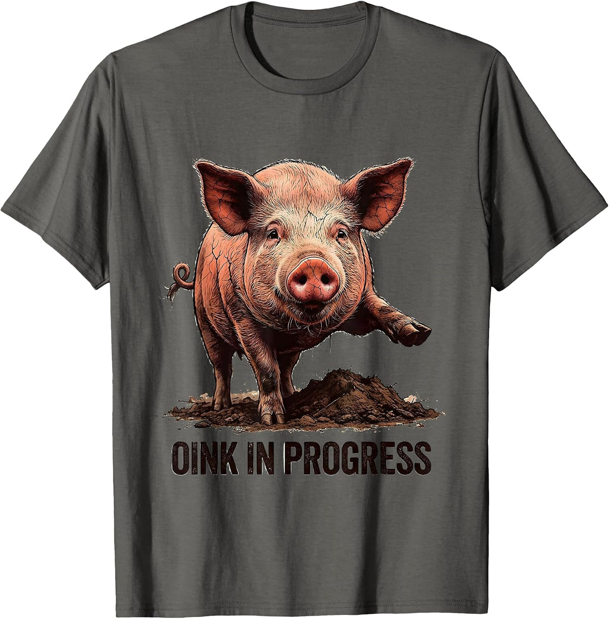 Men's Oink In Progress Funny Pig Farm Animal Lover Distressed T-Shirt - Asphalt Grey