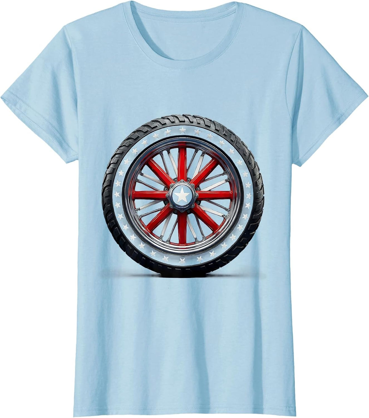 Women's American Flag Motorcycle Wheel Patriotic Design T-Shirt - Baby Blue