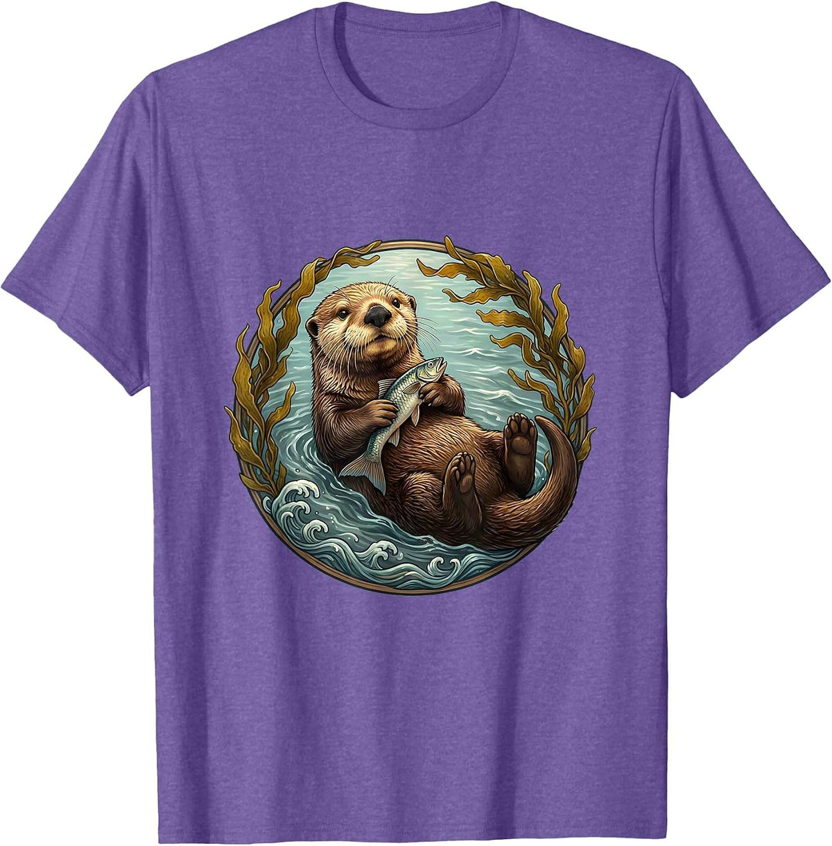 Men's Sea Otter Floating With Fish Illustration T-Shirt - Purple Heather