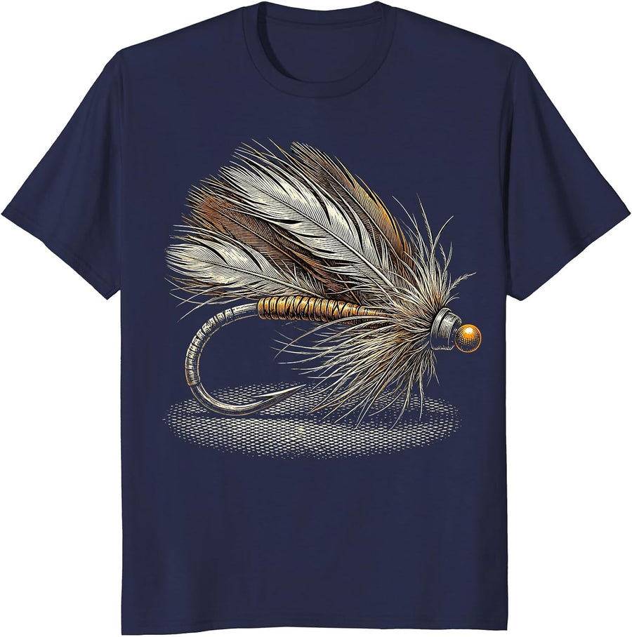 Fly Fishing Lure Feathered Hook Illustration T-Shirt - Navy Blue