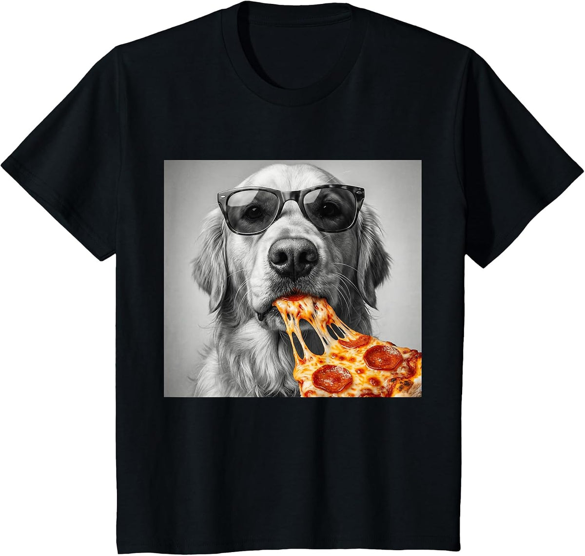 Cool Golden Retriever Eating Pizza Sunglasses Funny Dog T-Shirt - Black