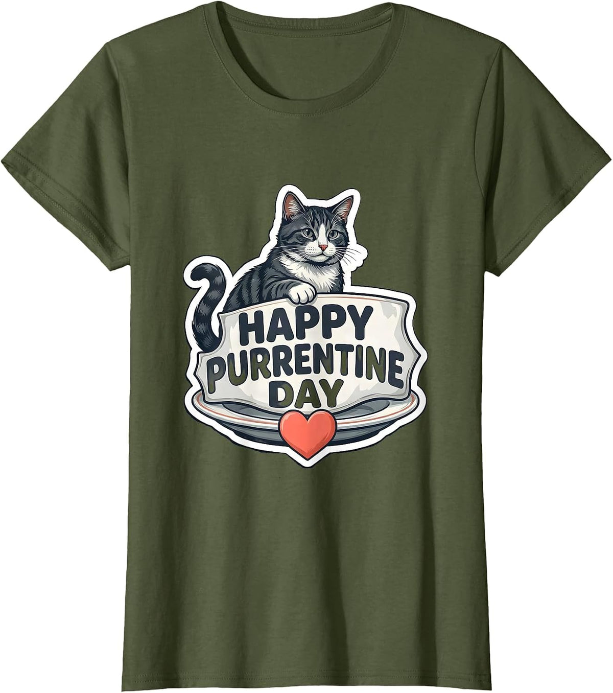 Women's Happy Purrentine Day Cute Tuxedo Cat Valentine Gift T-Shirt - Olive Green