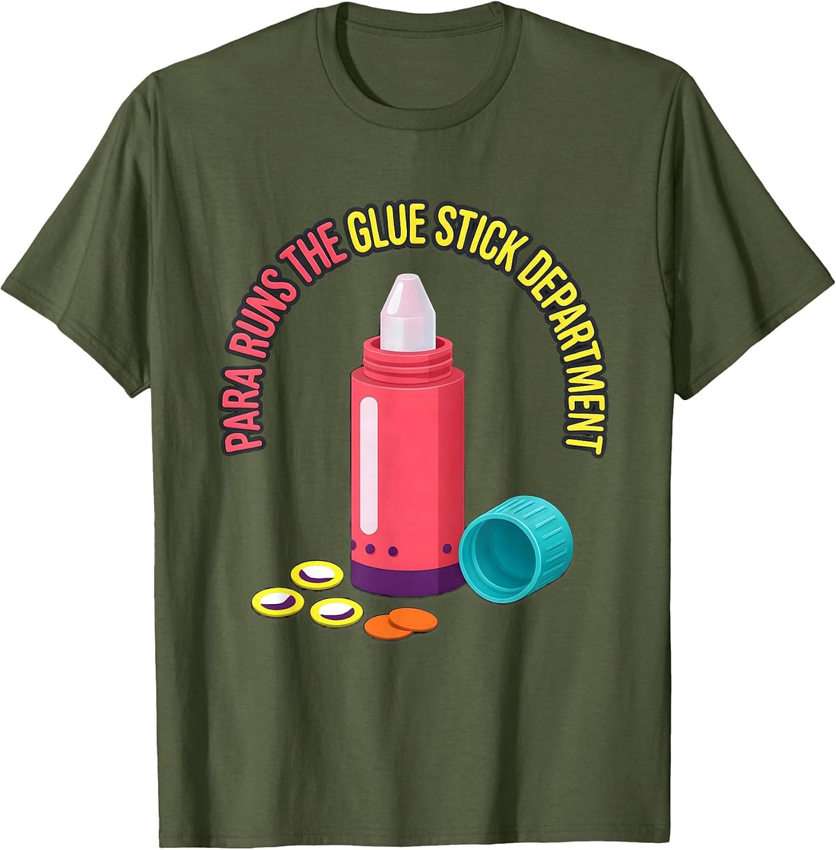 Men's PARA Runs The Glue Stick Department Funny Paraeducator Back T-Shirt - Olive Green