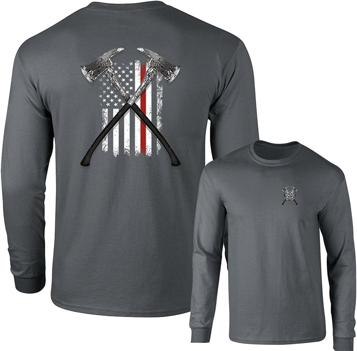 Thin Red Line Firefighter Long Sleeve T-Shirt FIRE Axes US Flag F&B - Charcoal