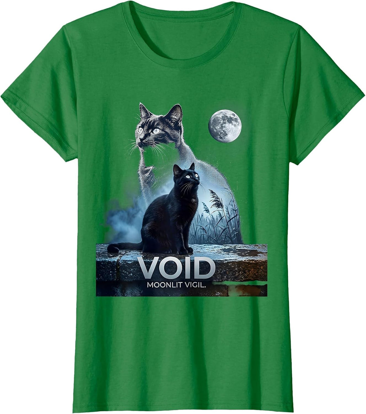 Void Moonlit Vigil Gradient 90s Retro Cat Portrait T-Shirt - Kelly Green
