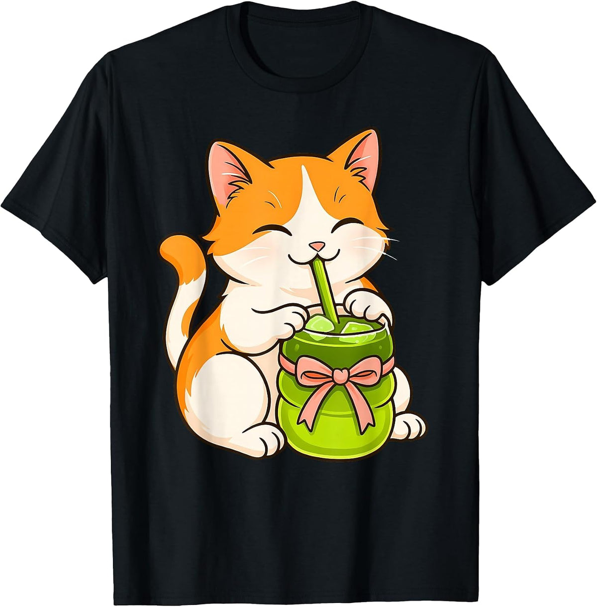 Cute Cat Drinking Matcha Japanese Tea Kawaii Cat Graphic T-Shirt - Black