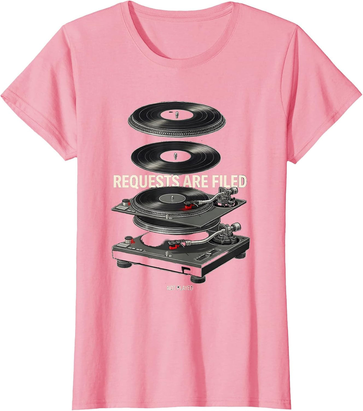 Women's Requests Are Filed, Not Played Retro Vinyl Record DJ Gift T-Shirt - Pink