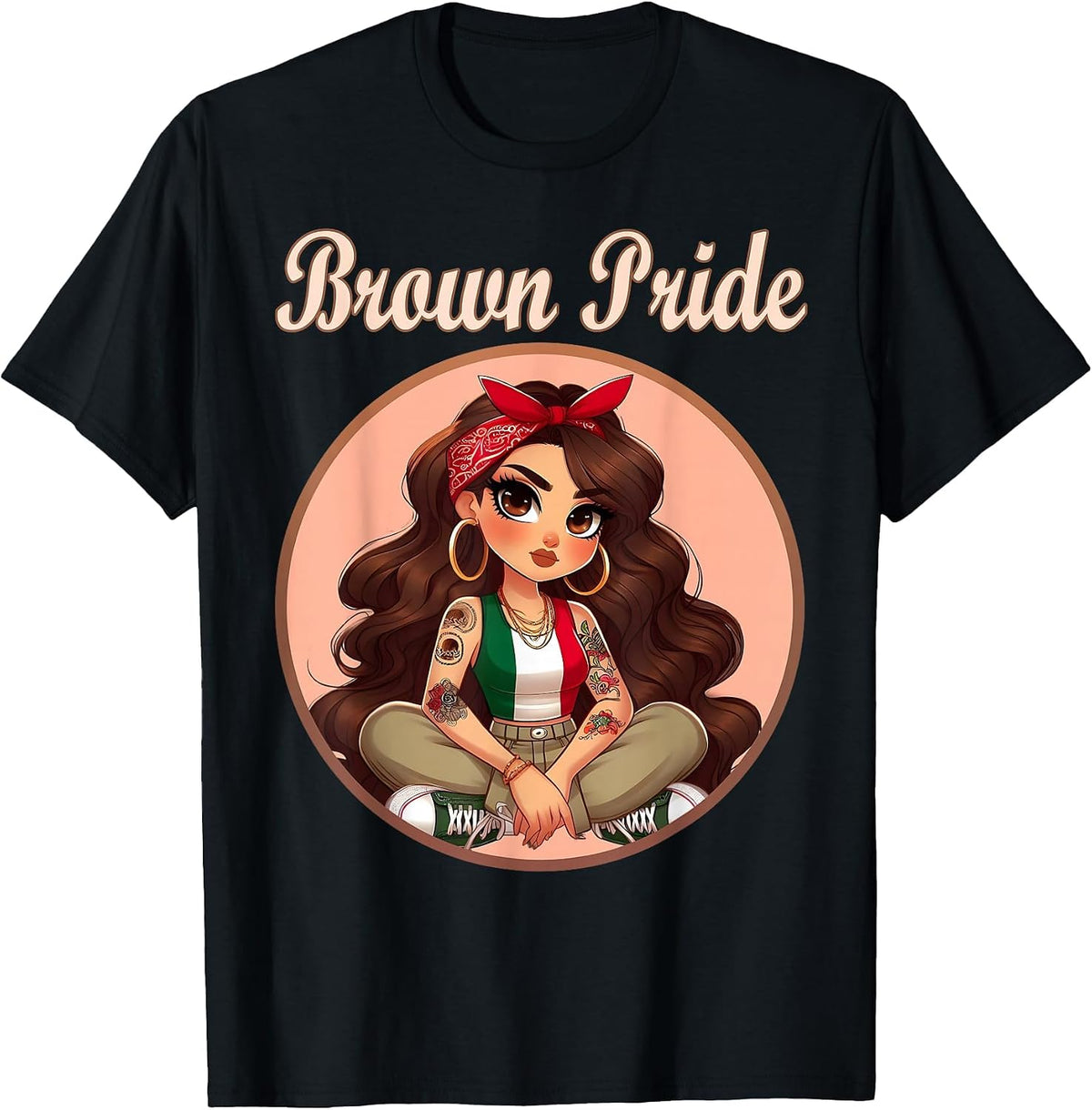 Brown Pride Chicana Chola Chibi Girl Hispanic Heritage Month T-Shirt - Black