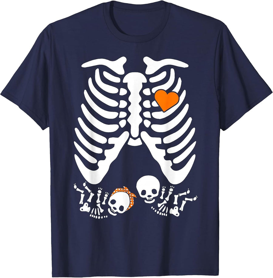 Halloween Pregnancy Announcement Costume, Twin Mom Skeleton T-Shirt - Navy Blue