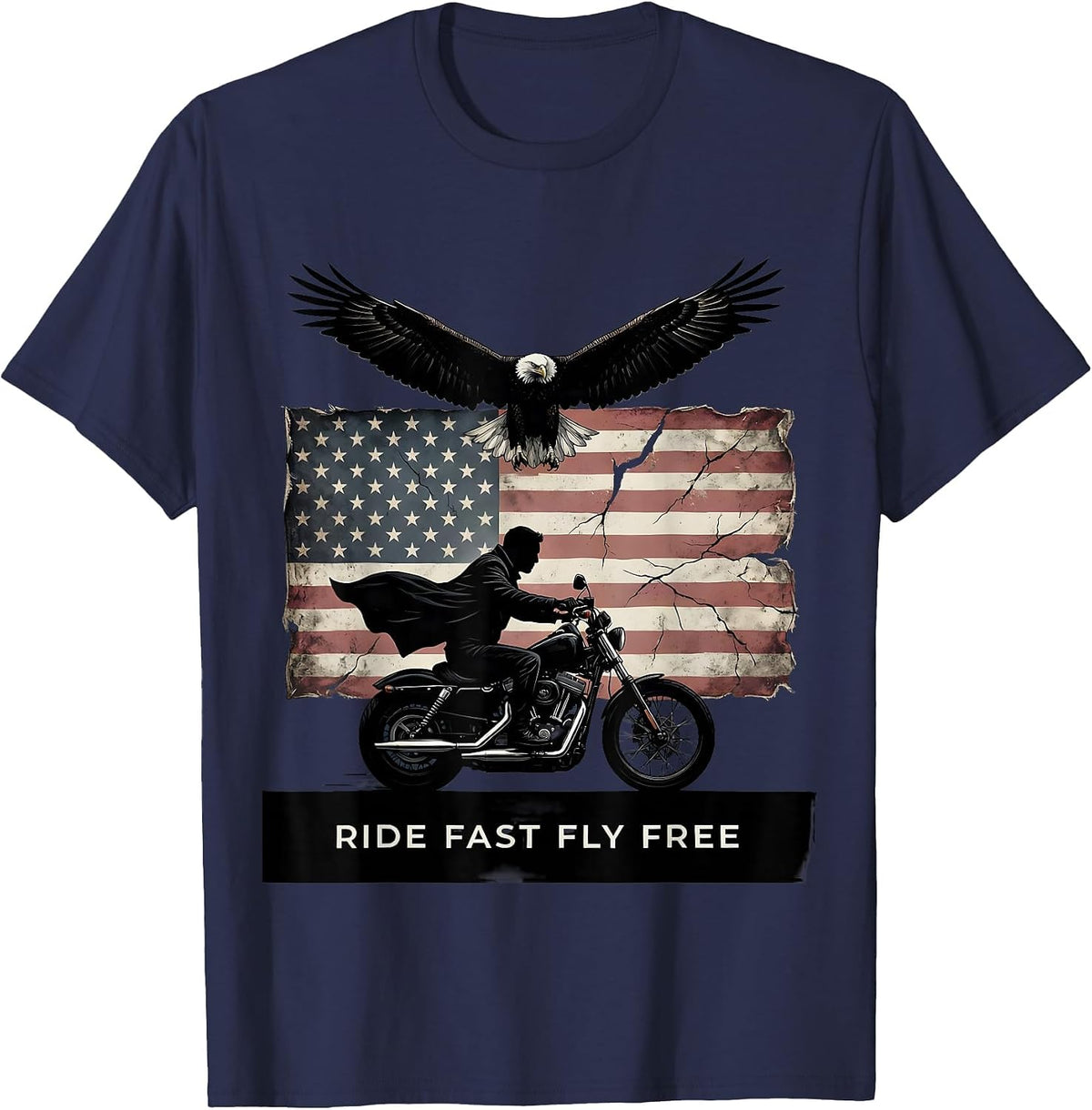 Men's Ride Fast Fly Free Godspeed Biker Design T-Shirt - Navy Blue