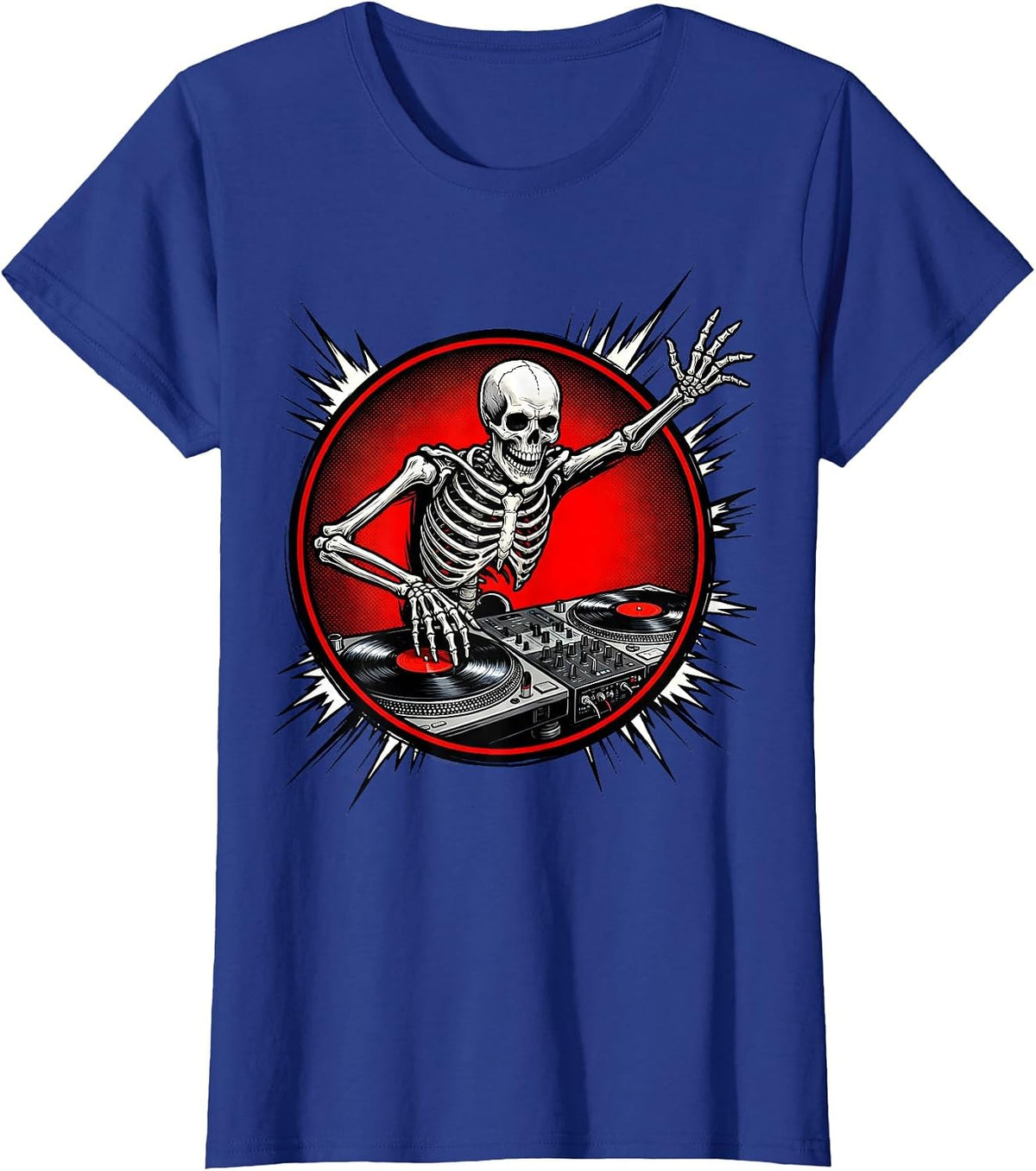 Women's Skeleton DJ Spinning Records Turntable Graphic T-Shirt - Royal Blue