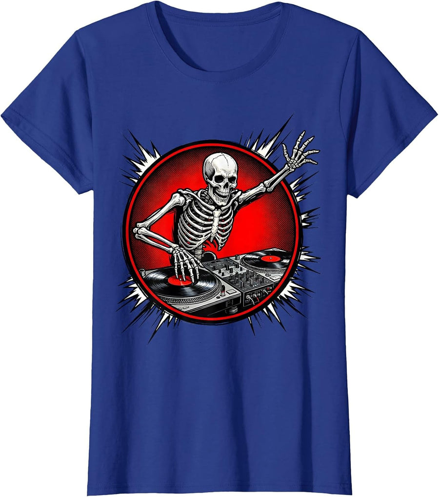 Women's Skeleton DJ Spinning Records Turntable Graphic T-Shirt - Royal Blue