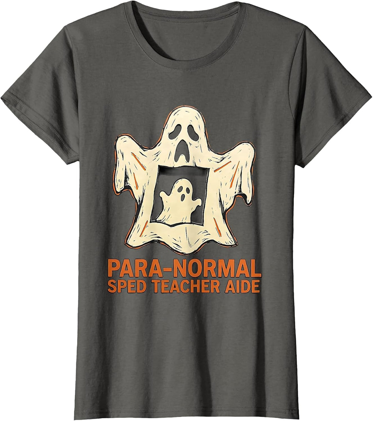 Women's Para-Normal SPED Teacher Aide Ghost Linocut Halloween T-Shirt - Asphalt Grey