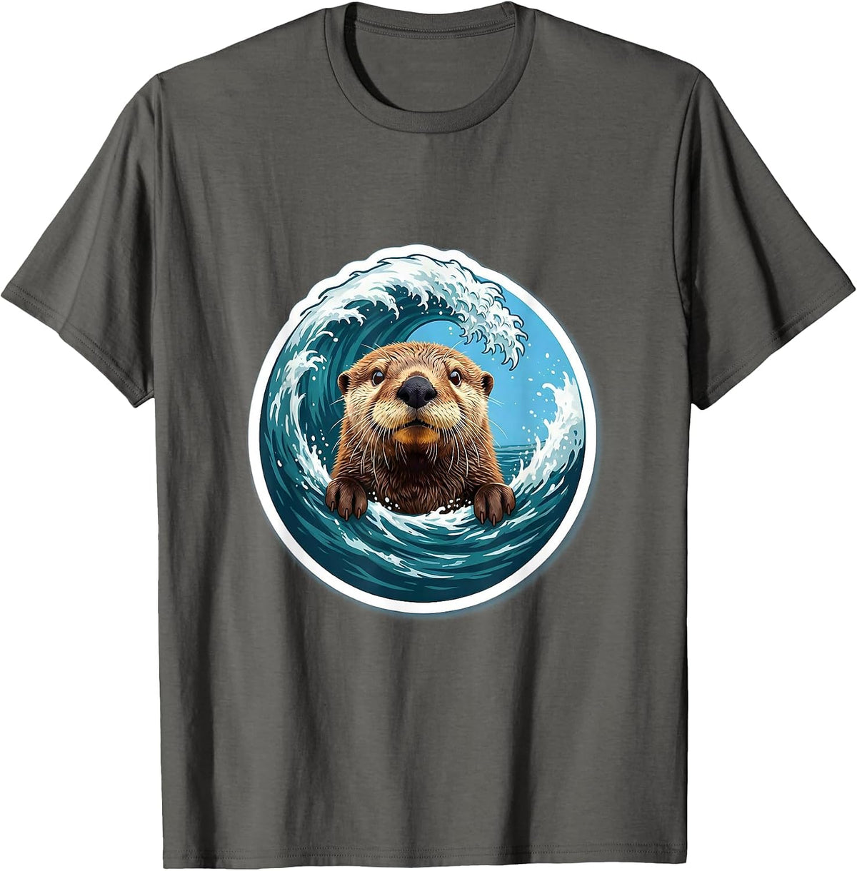 Sea Otter Crashing Ocean Wave Illustration T-Shirt - Asphalt Grey