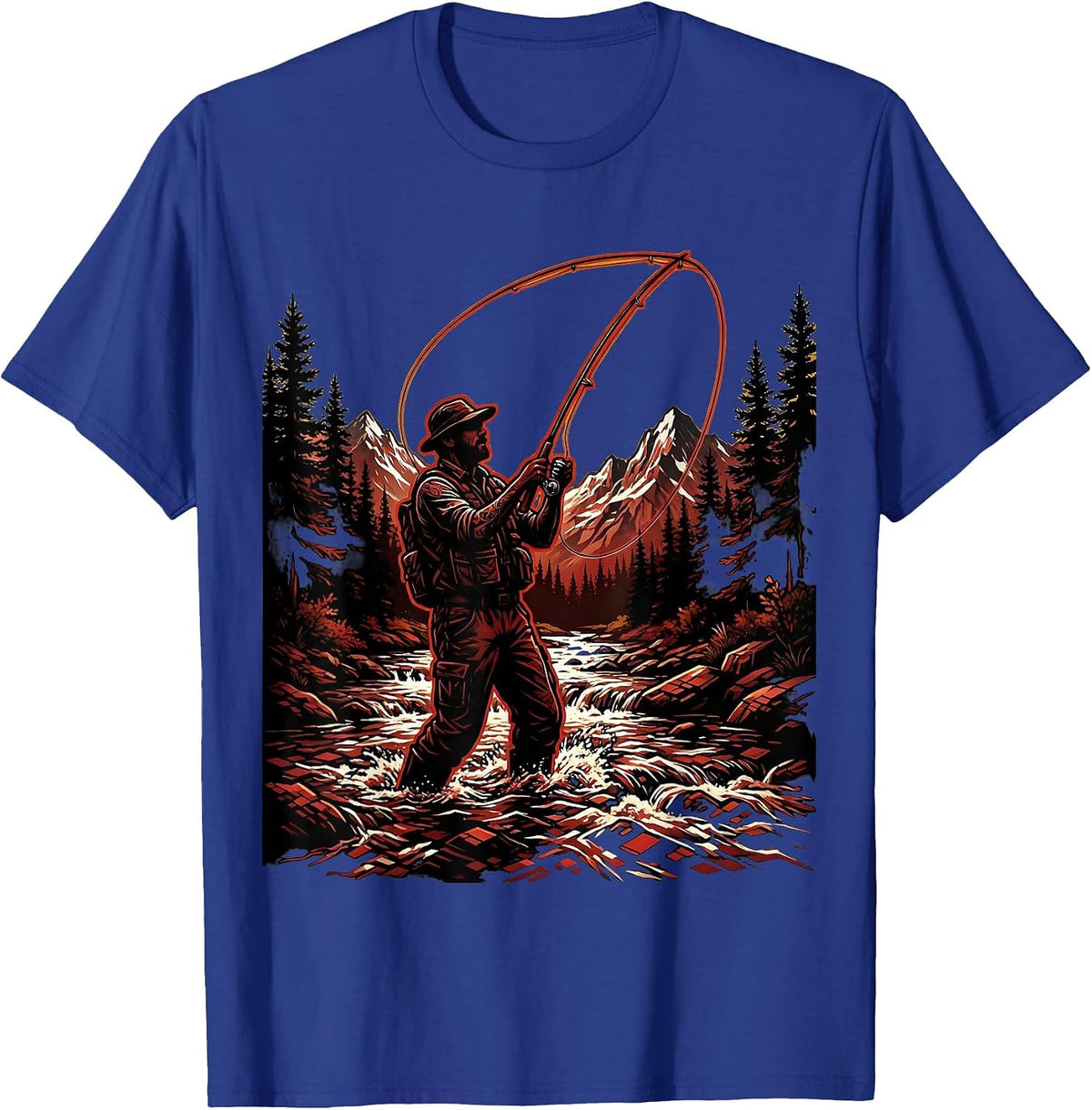 Fly Fisherman Casting in a Mountain Stream T-Shirt - Royal Blue