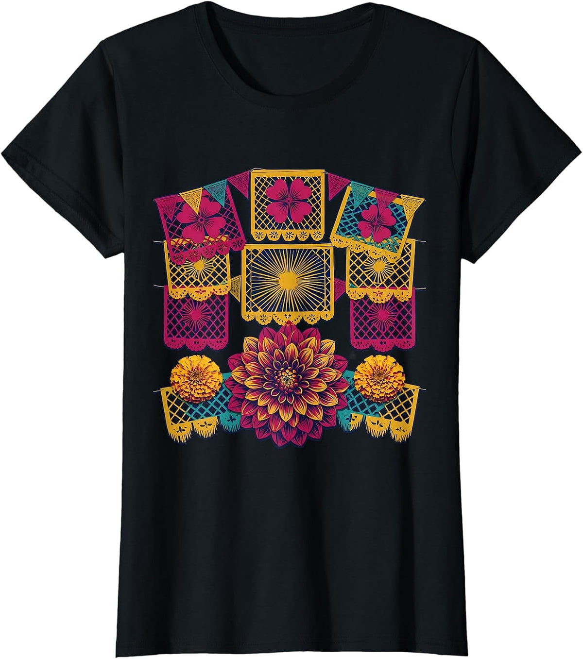 Women's Hispanic Heritage Month Papel Picado Floral Banner T-Shirt - Black
