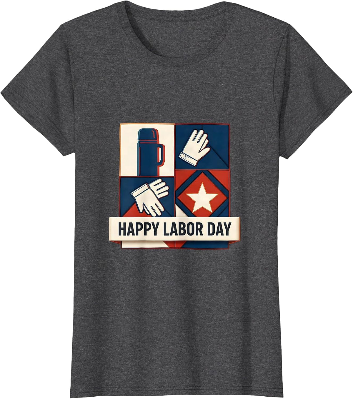 Women's Happy Labor Day Patriotic Americana Tribute Quilt Block T-Shirt - Dark Heather Grey