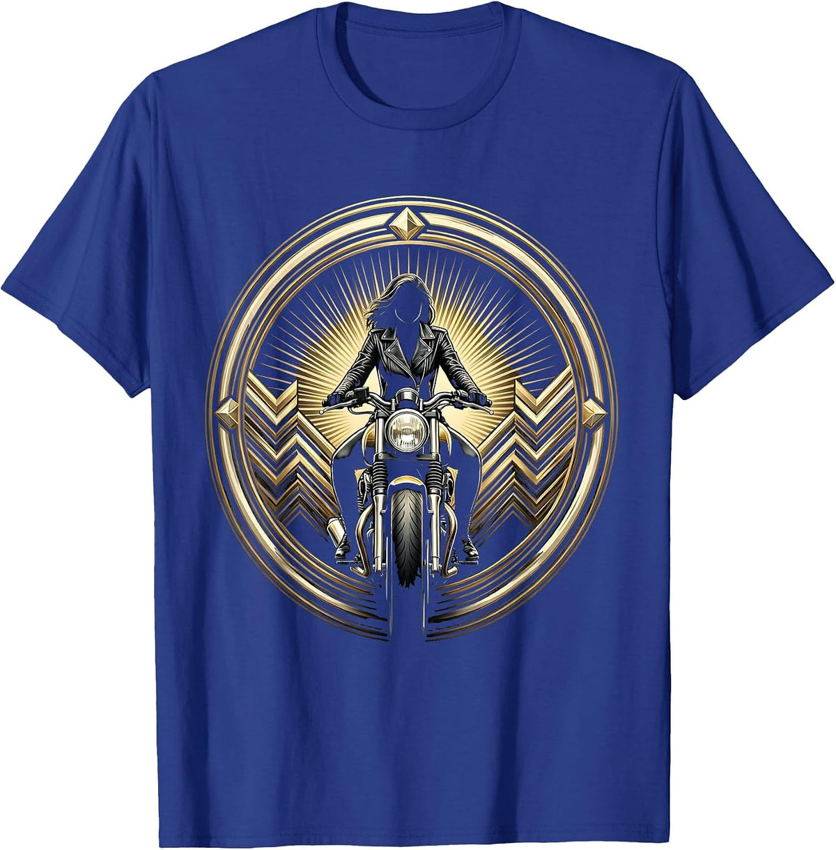 Leather Jacket Biker Straddling Motorcycle Graphic T-Shirt - Royal Blue