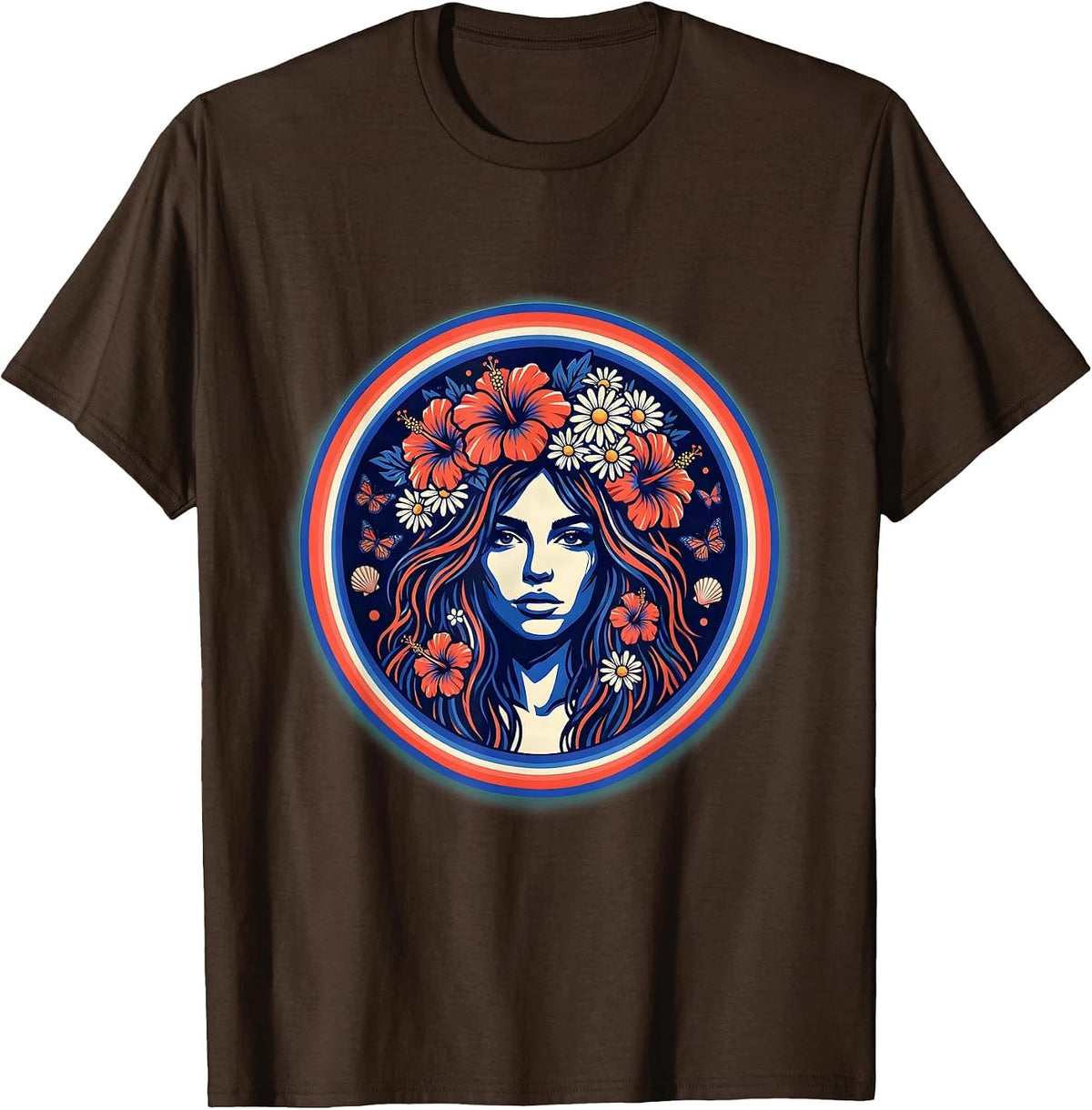 Floral Crown Red White and Blue Blooms T-Shirt - Brown