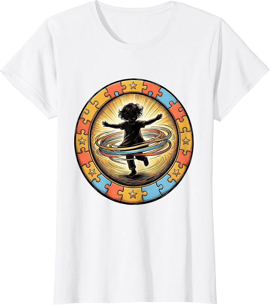 Women's Joyful Spinning Child Autism Awareness Design T-Shirt - White