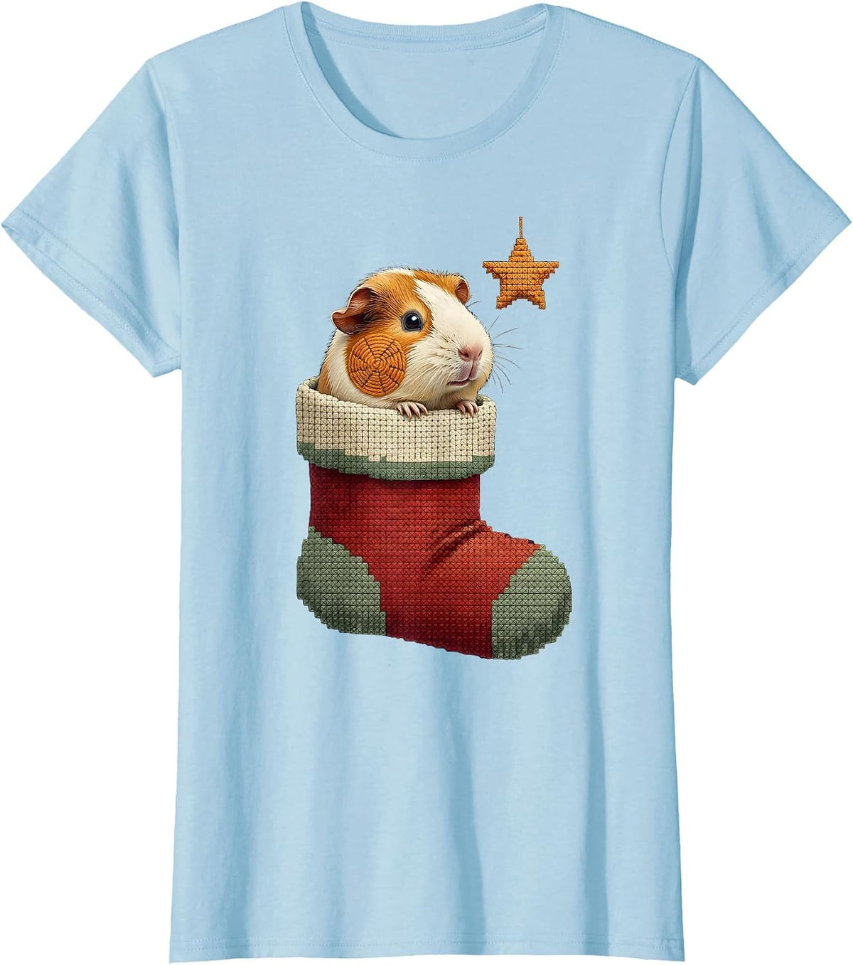 Women's Rounded Tailless Guinea Pig Christmas Stocking Pet Lover T-Shirt - Baby Blue