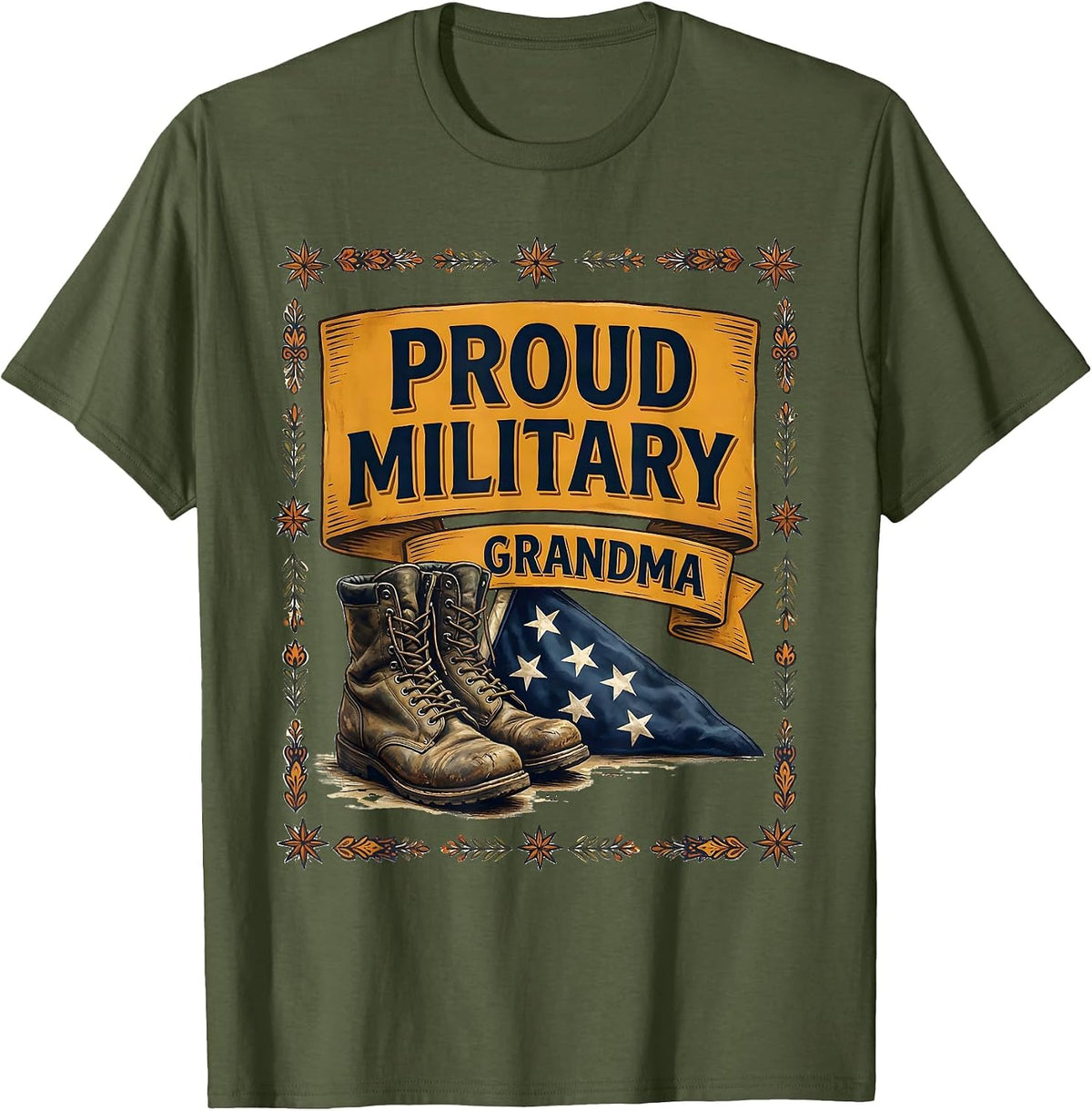 Proud Military Grandma Folk Art Veteran Family Pride T-Shirt - Olive Green