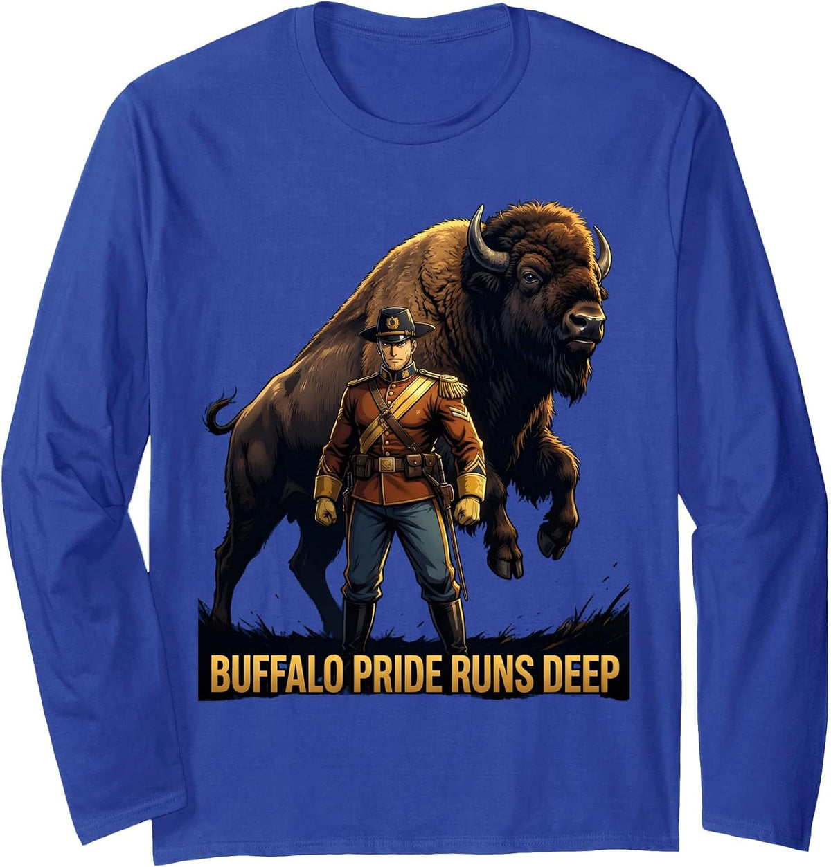 Buffalo Pride Runs Deep Buffalo Soldiers Design Long Sleeve T-Shirt - Adult Unisex Royal Blue