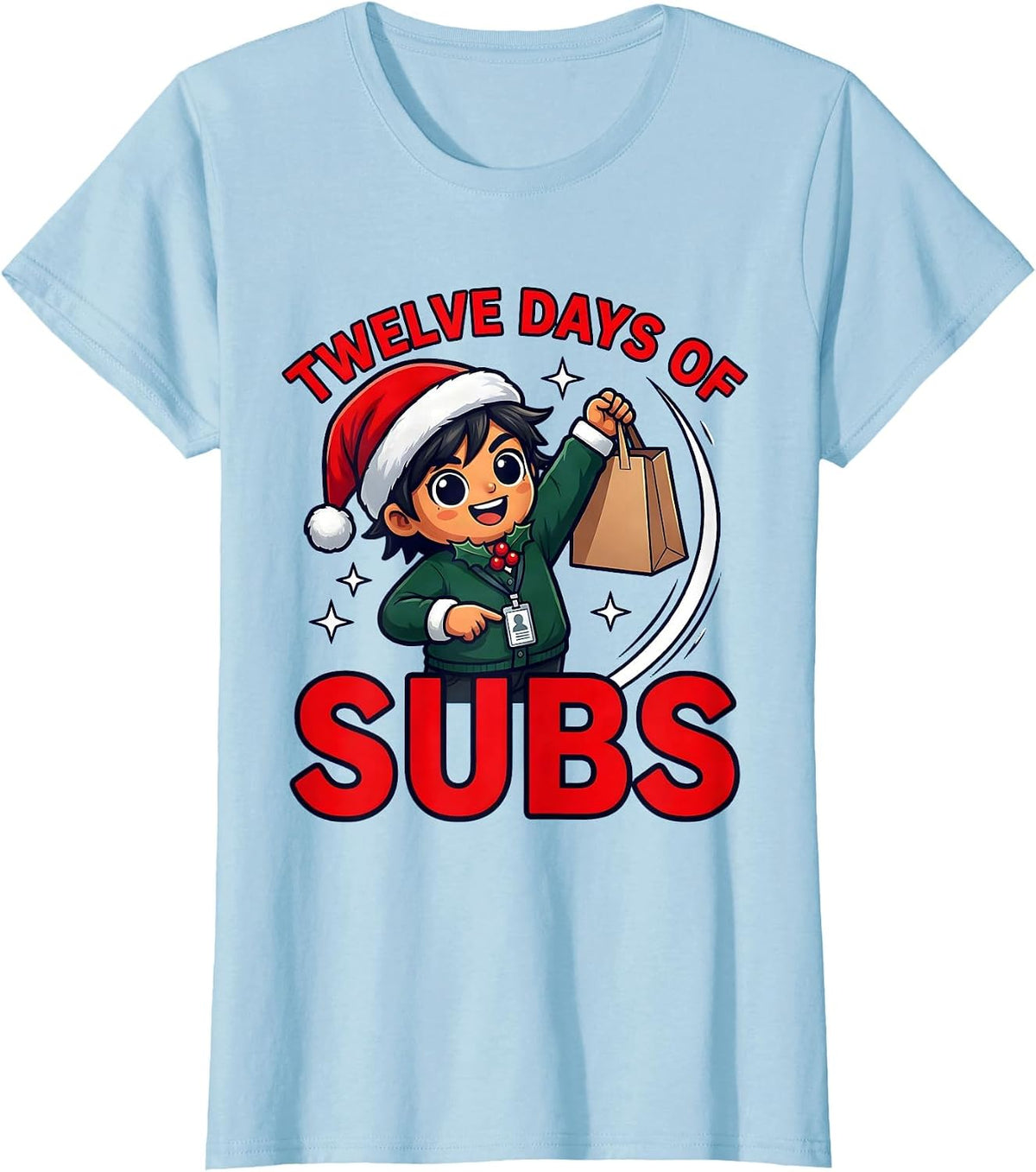 Women's TWELVE DAYS OF SUBS Funny Substitute Teacher Christmas T-Shirt - Baby Blue