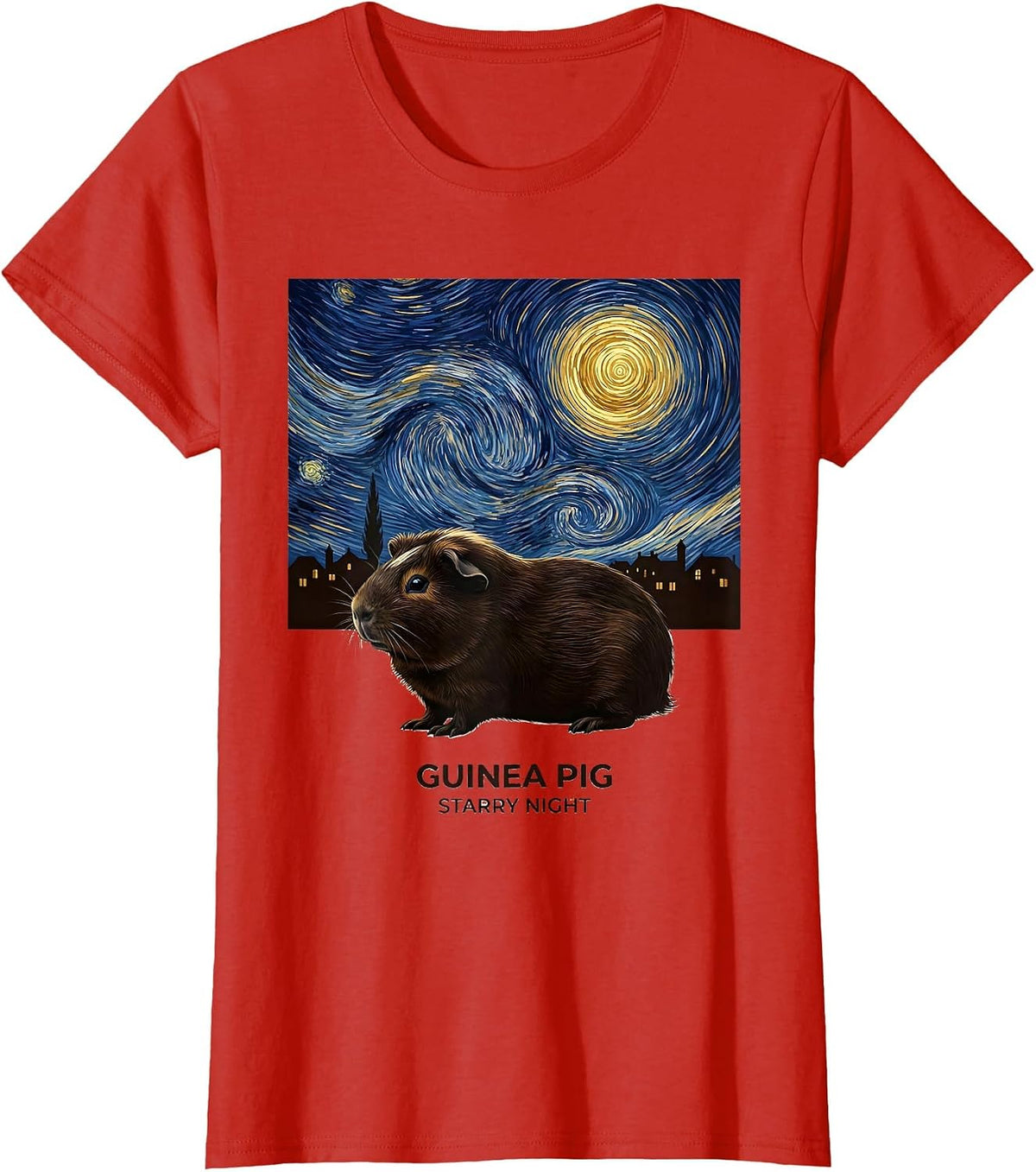 Guinea Pig Starry Night Vintage Art Lover Gift T-Shirt - Red
