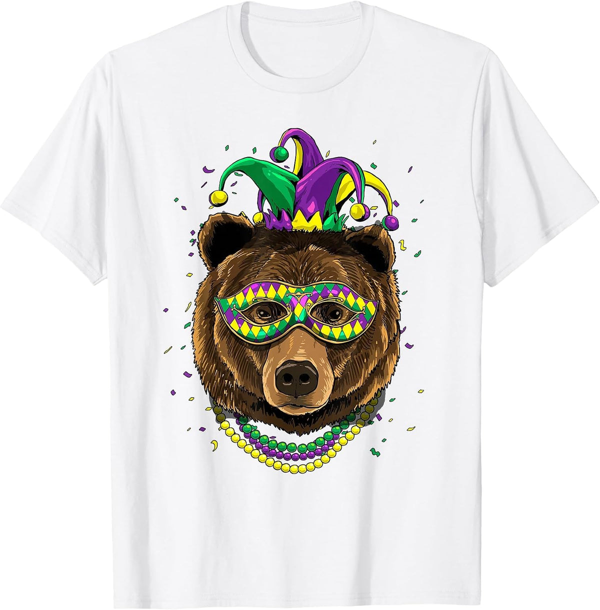 Bear Animal Lover Cute Mardi Gras Carnival Jester T-Shirt, Men, White, XX-Large - As Pictured