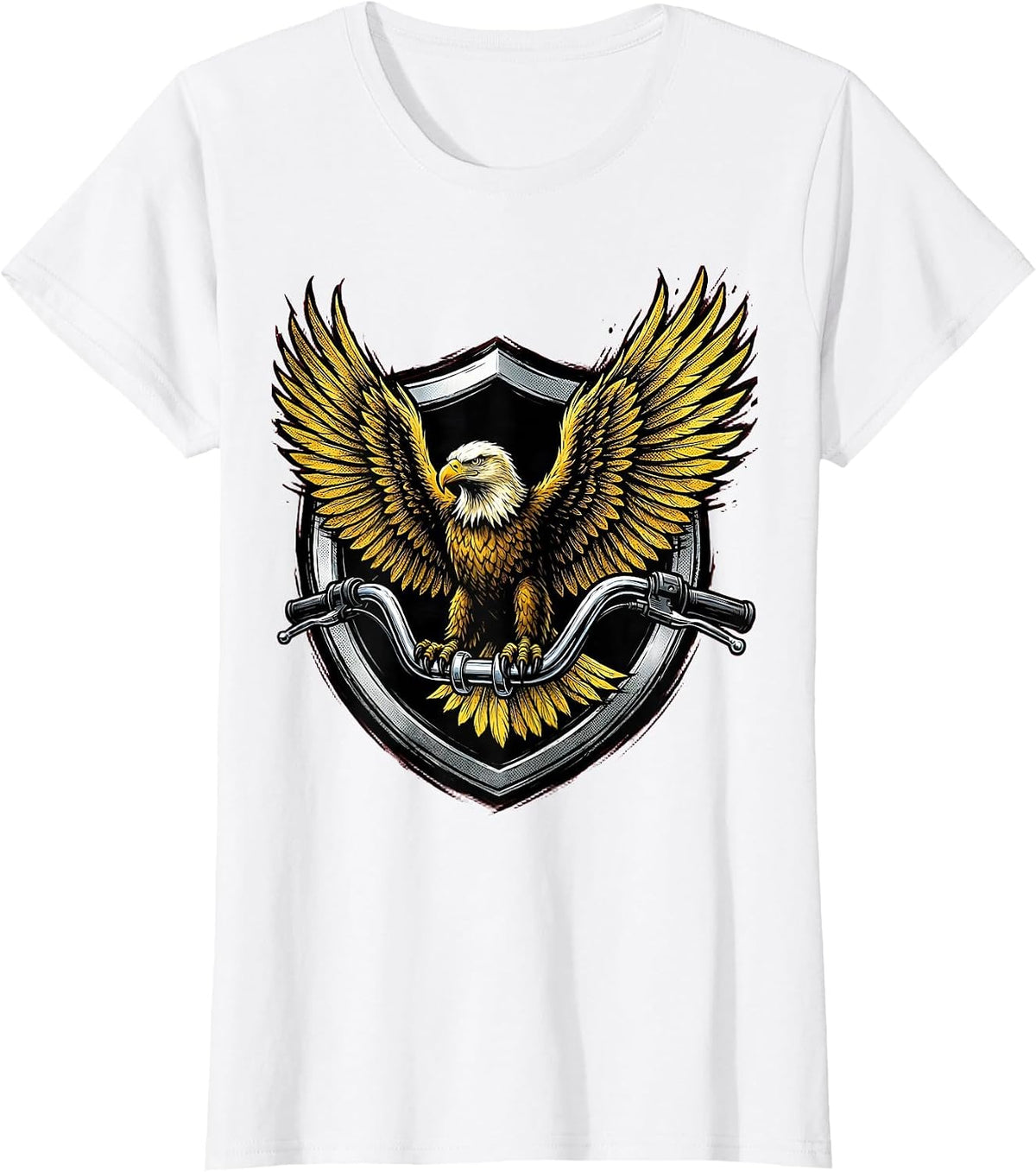 Eagle on Chrome Motorcycle Handlebar Biker Design T-Shirt - White