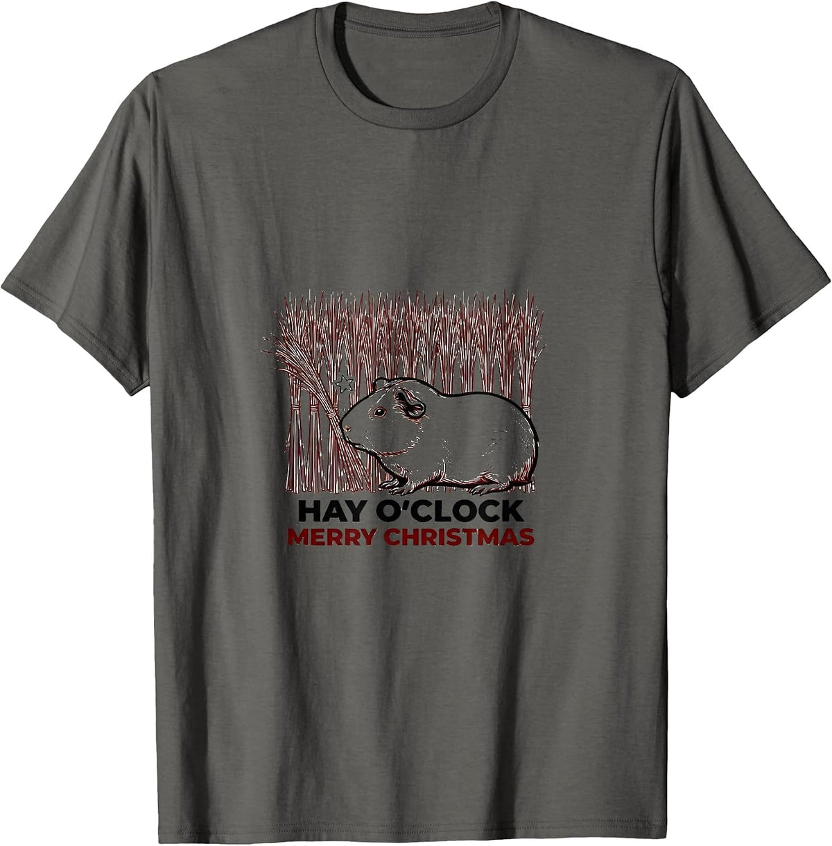 Hay O'Clock Merry Christmas Line Art Guinea Pig Pet Lover T-Shirt - Asphalt Grey