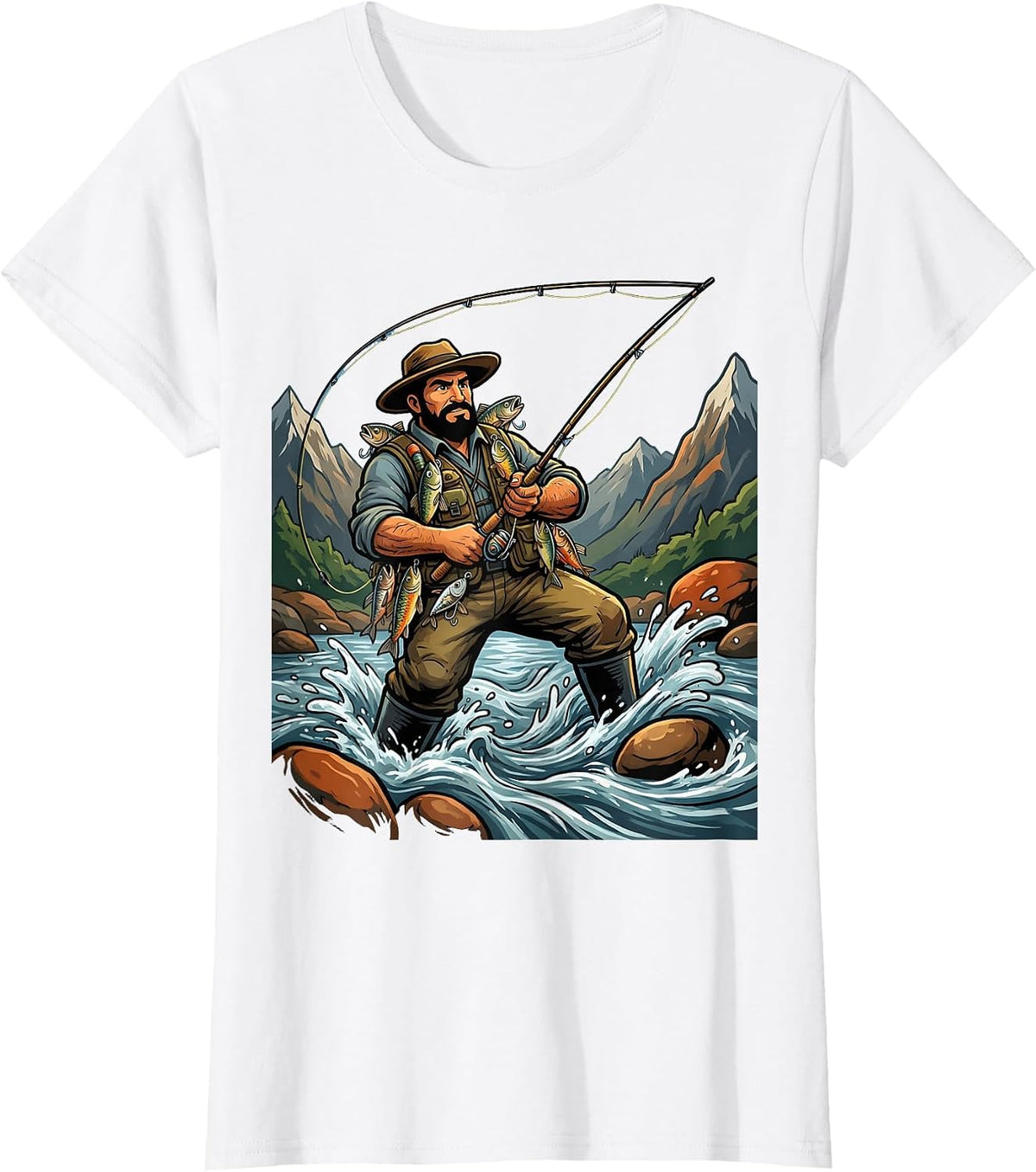 Fly Fisherman in Mountain Stream Graphic T-Shirt - White