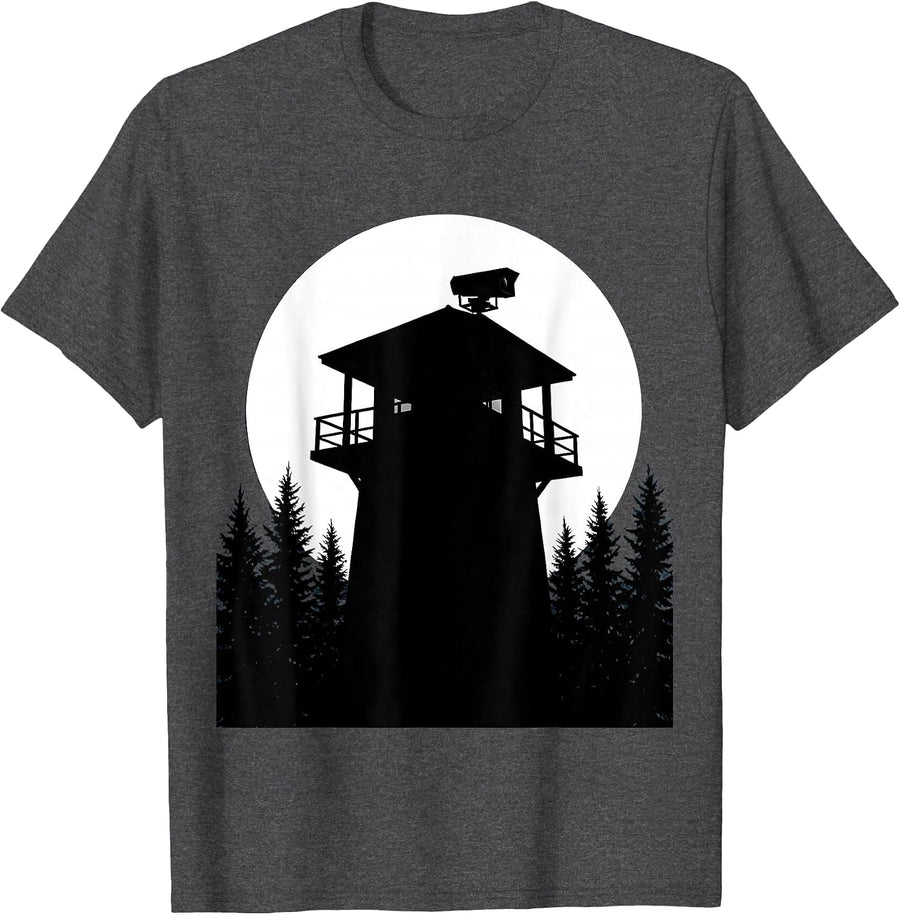 Men's Guard Tower Silhouette Full Moon Security Design T-Shirt - Dark Heather Grey