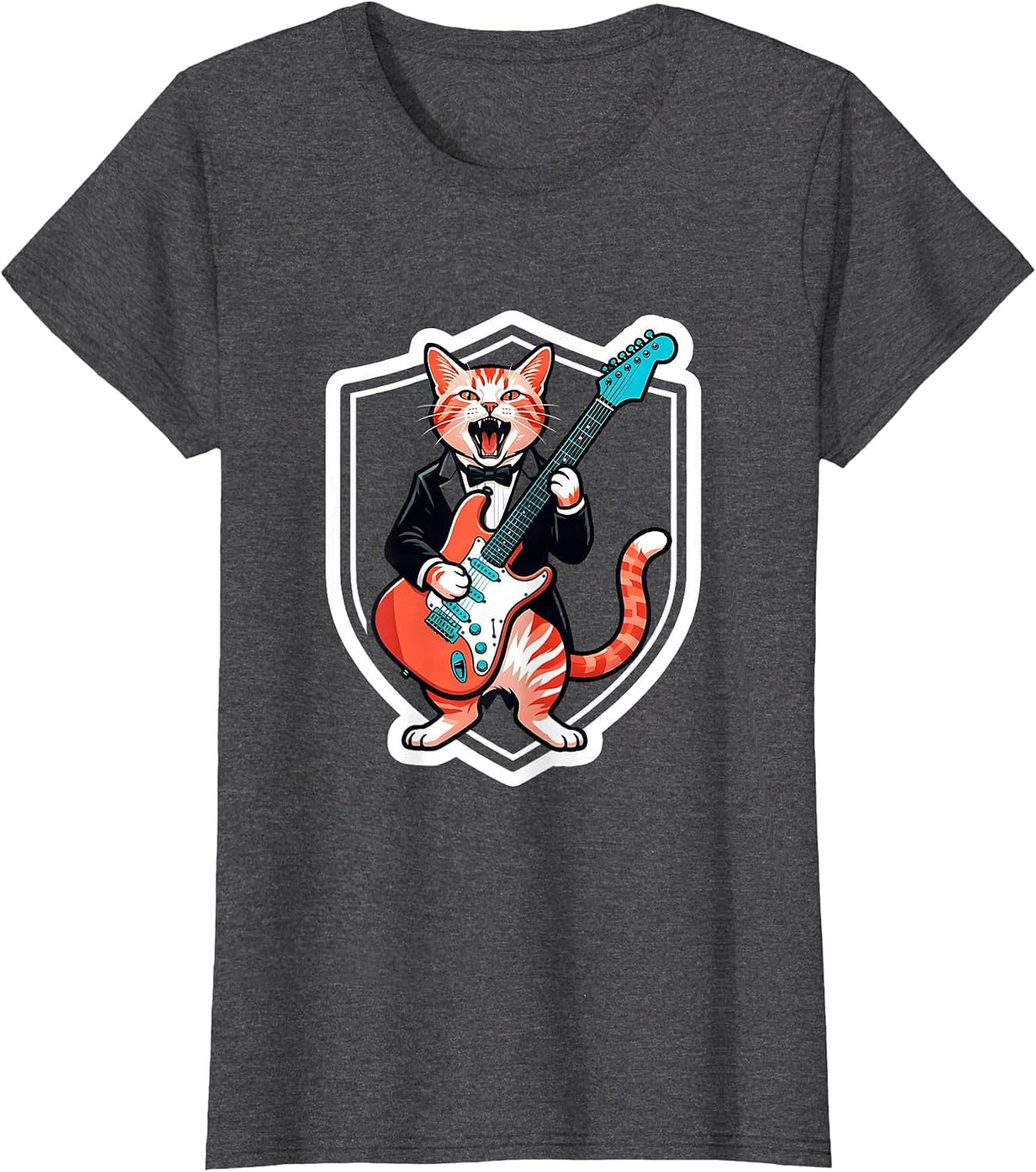Women's Rock Guitarist Cat Sticker Style Funny Cat Lover Gift T-Shirt - Dark Heather Grey